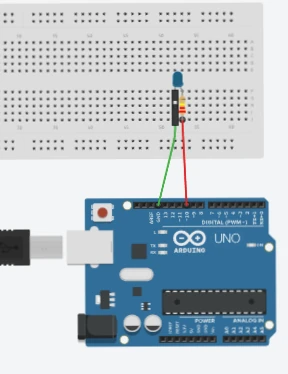 Tinkercad diagram: one LED on a breadboard, its resistor wired to pin 10 and its short leg to GND