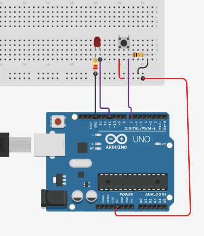 Tinkercad diagram: a push button between 5V and pin 7 with a 10k resistor to GND, and an LED on pin 11
