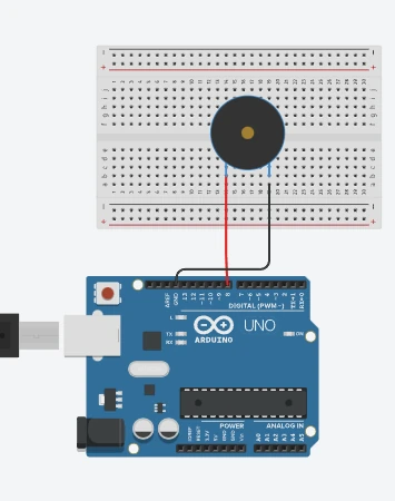 Tinkercad diagram: a buzzer with its positive leg on pin 8 and negative leg on GND