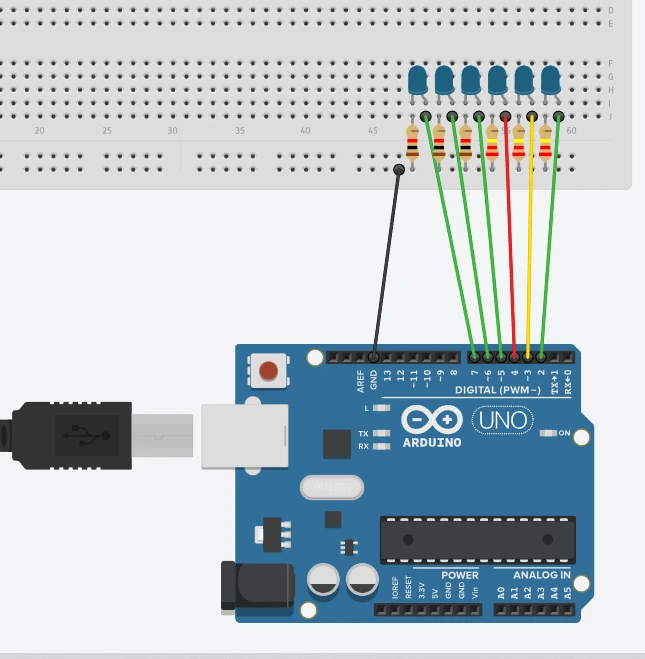 Tinkercad diagram: six LEDs in a row wired to pins 2 to 7