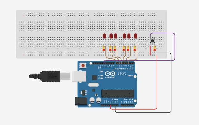 Tinkercad diagram: six LEDs on pins 2 to 7 and a push button on pin 12
