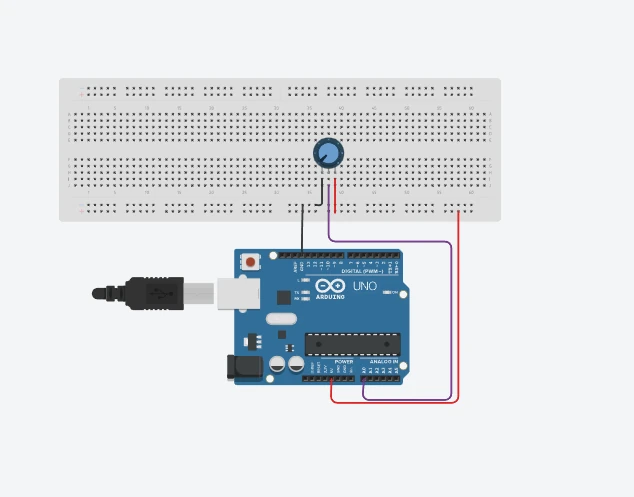 Tinkercad diagram: a potentiometer with its outer legs on 5V and GND and its middle leg on A0