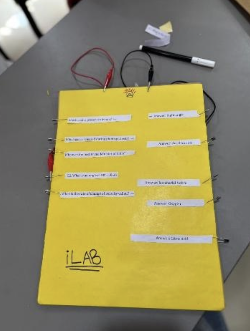 Completed LED quiz board showing question and answer connections